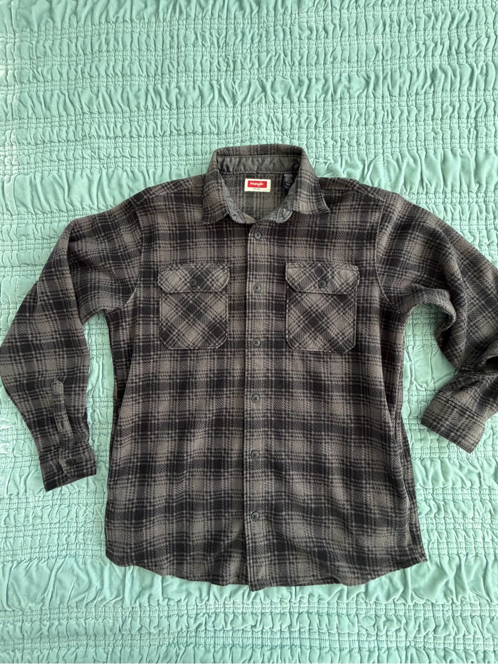Wrangler Black and Gray Plaid Flannel Button-Down Shirt-Med